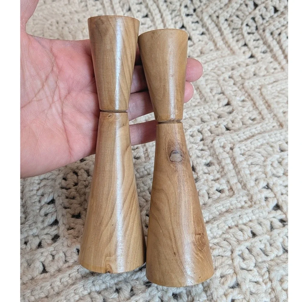 Vintage Mid Century Modern Wood Taper Candle Holders Set 2 Hourglass Minimalist